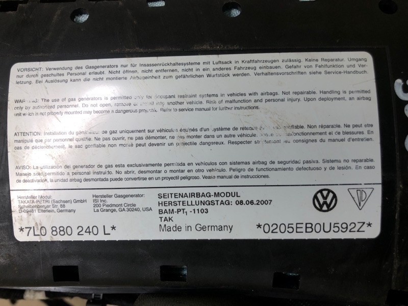 Подушка безопасности в сиденье правая VOLKSWAGEN TOUAREG 02-10 BHK 3.6